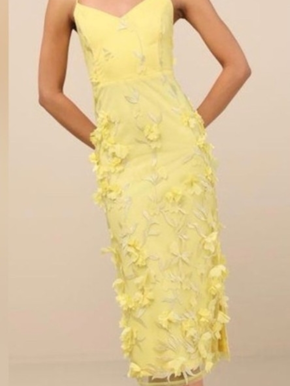 Lulu's Size L Lemon Yellow 3D Floral Midi Dress